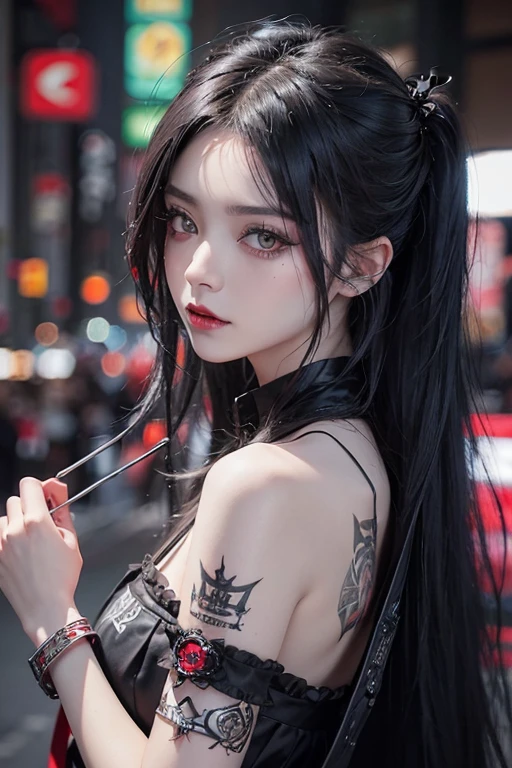 Highest quality、、masterpiece:1.3、Gothic Punk、Red inside、Gray Black Hair、hair ornaments、beautiful girl、creative、Punk Shirt、Neogoth、Goth Fashion:1.2、High resolution、masterpiece、Highest quality、頭w:1.3、((Hasselblad Photos))、Fine skin、Sharp focus、(Cinema Lighting)、Explore Tokyo'The night city beyond the neon lights, Forehead open, 19 years old、Petting'Hair back、Shoulder Bare、Small red rose tattoo on the décolletage、Just one tattoo