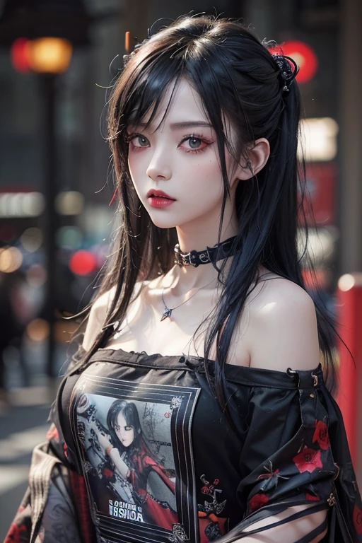 Highest quality、、masterpiece：1.3、Gothic Punk、Red inside、Gray Black Hair、hair ornaments、beautiful girl、creative、Punk Shirt、Neogoth、Goth Fashion：1.2、High resolution、masterpiece、Highest quality、頭w:1.3、((Hasselblad Photos))、Fine skin、Sharp focus、(Cinema Lighting)、Explore Tokyo&#39;The night city beyond the neon lights, Forehead open, 19 years old、Petting&#39;Hair back、Shoulder Bare、Small red rose tattoo on the décolletage、Just one tattoo