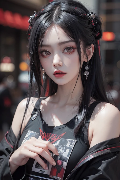 Highest quality、、masterpiece：1.3、Gothic Punk、Red inside、Gray Black Hair、hair ornaments、beautiful girl、creative、Punk Shirt、Neogoth、Goth Fashion：1.2、High resolution、masterpiece、Highest quality、頭w:1.3、((Hasselblad Photos))、Fine skin、Sharp focus、(Cinema Lighting)、Explore Tokyo&#39;The night city beyond the neon lights, Forehead open, 19 years old、Petting&#39;Hair back、Shoulder Bare、Small red rose tattoo on the décolletage、Just one tattoo