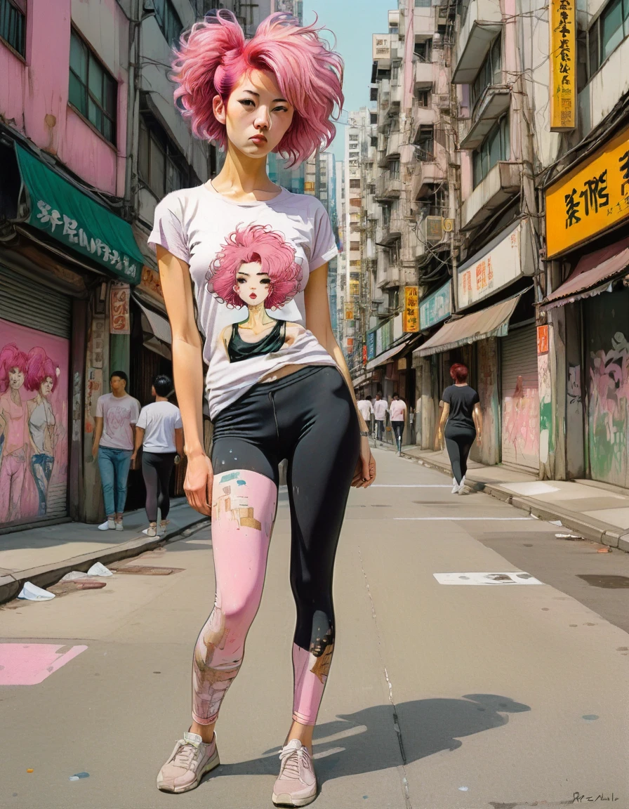 wideshot fisheye illustration of a beautiful pink hair Japanese woman in a tshirt and leggings in a Kowloon street, art by Robert McGinnis in the style of egon schiele, spraypaint, gustav klimt, crayon, greg rutkowski, graffiti posters