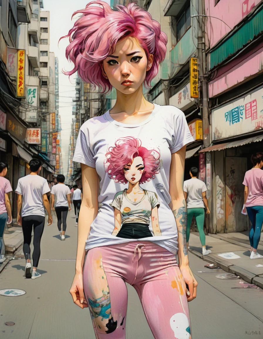 wideshot fisheye illustration of a beautiful pink hair Japanese woman in a tshirt and leggings in a Kowloon street, art by Robert McGinnis in the style of egon schiele, spraypaint, gustav klimt, crayon, greg rutkowski, graffiti posters