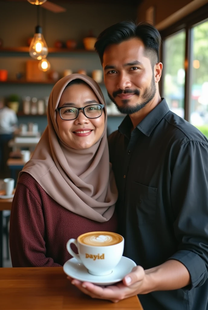 Wide view, created a beautiful woman hijab ((headscarf behind neck)) 35 year with a fat body, glasses ,medium breasts, Malay face. Standing with next to malay man 29 year, very small little short, thin, and neat beard and mustache. Woman and Man Facing to camera, her was a restaurant waiter who delivered a cup of warm coffee, The cup making word Gold inscription "payid", the background is village cafe. the image is very detailed, super HD