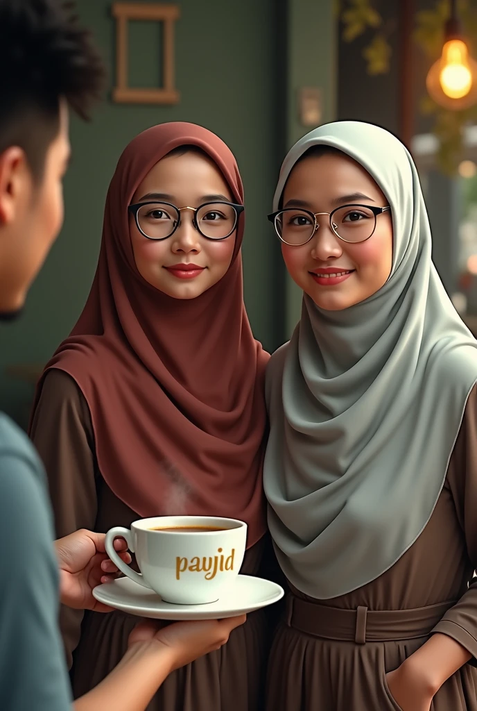 Wide view, created a beautiful woman hijab ((headscarf behind neck)) 35 year with a fat body, glasses ,medium breasts, Malay face. Standing with next to malay man 29 year, very small little short, thin, and neat beard and mustache. Woman and Man Facing to camera, her was a restaurant waiter who delivered a cup of warm coffee, The cup making word Gold inscription "payid", the background is village cafe. the image is very detailed, super HD