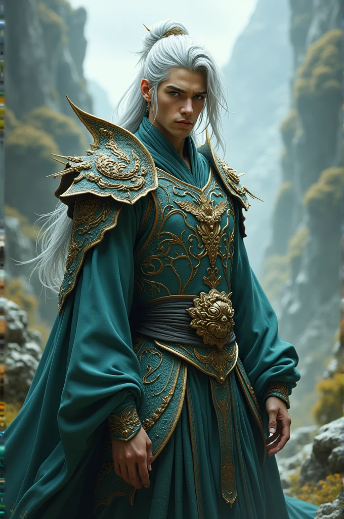 Young man, handsome, silver and long hair, green eyes, fair skin, wearing dragon warrior costume
