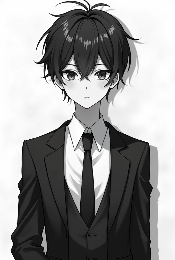 black and white photo containing an anime boy in a white shirt with a tie and black jacket 