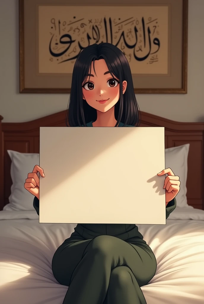 Une femme brune. Les cheveux raides, pas longs, de couleurs noirs. Un peu volumineuse de forme physique. Assise dans une grande chambre d'hôtel, sur un lit de l'hôtel, souriante, la tête droite, le regard droit fixé vers l'avant, portant dans ses mains une grande photo qu'elle montre bien vers l'avant de sorte que la photo qu'elle montre soit un peu décollée de sa poitrine et derrière elle, accroché sur le mur, un tableau avec des écritures en arabe bien lisible.