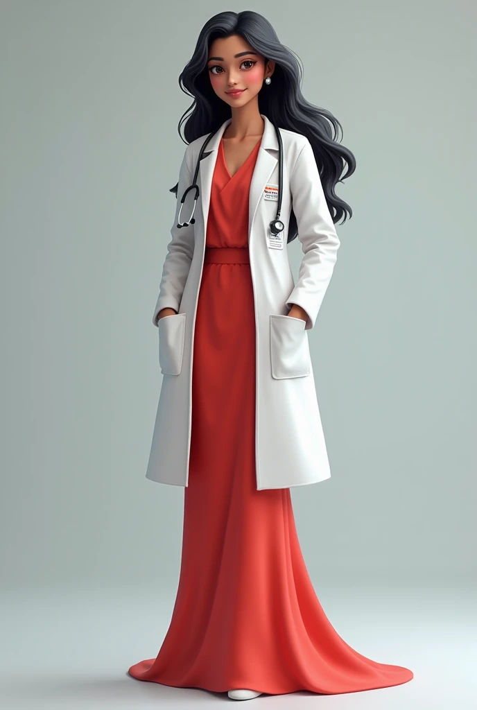 A fair indian girl wear gown and a doctor white coat. She has a name batch on her coat which is named"Dr. Roshiya ". She wear a stethoscope on her neck.