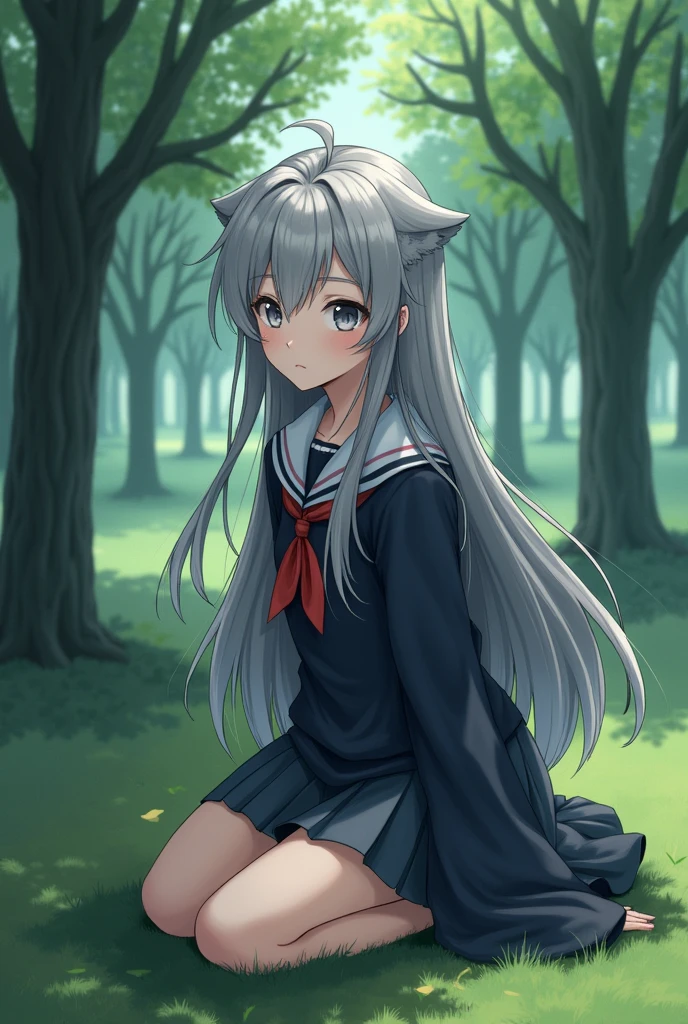 girl with long gray wolfcut hair wearing high school uniform sitting in the park smiling her eyes are gray 