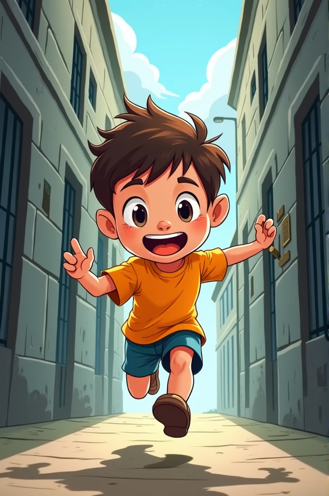 A cartoon type boy running from a jail