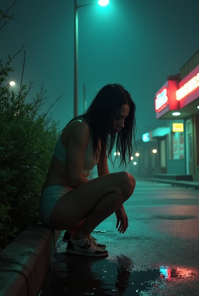 (a drunk girl urgently peeing and pooping behind bushes in a parking lot, realistic, she pulls down her underwear and pants as she squats down, urine drips), hyper detailed, 8k, photorealistic, masterpiece, cinematic lighting, dramatic shadows, vibrant colors, gritty, grungy, moody, dystopian, dark fantasy