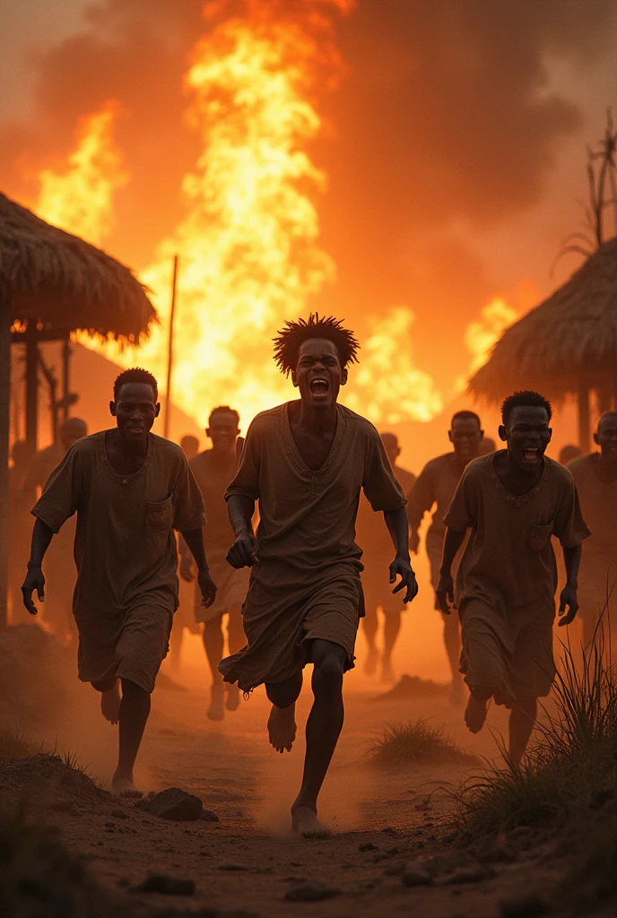 Village africain traditionnelle entrain d'être détruit en feu par une armée sauvage les villageois en fuite donnent dos à la flamme
