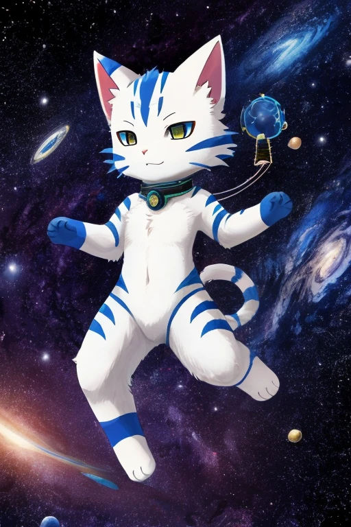 Space cat in anime style, grey striped with white belly, helps people master neural networks, Around the cosmos, Digital data, Got it, what is neural networks