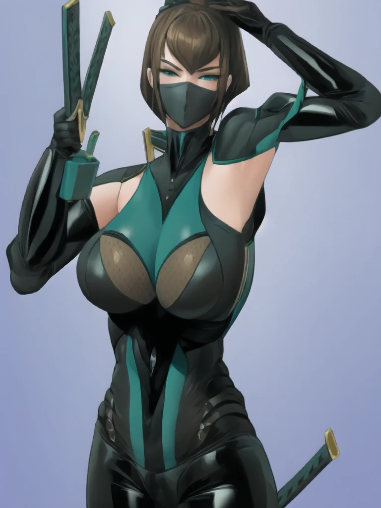 Bowei, LadyB, 1girl, upper body, slim body, slim thighs, bodysuit, detail eyes,  solo, looking at viewer, ninja mask, large breasts, simple background, brown hair, green eyes, weapon, ass, bodysuit, put two hand on the head, katana, ninja background, sheath, skin tight, LadyB bodysuit, ladybninja close-up, 8k detailed,