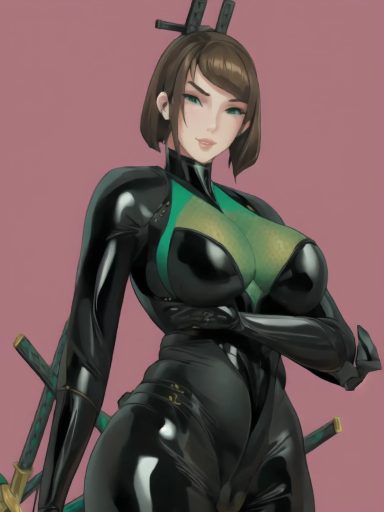 Bowei, LadyB, 1girl, upper body, slim body, slim thighs, bodysuit, detail eyes,  solo, looking at viewer, ninja mask, large breasts, simple background, brown hair, green eyes, weapon, ass, bodysuit, put two hand on the head, katana, ninja background, sheath, skin tight, LadyB bodysuit, ladybninja close-up, 8k detailed,