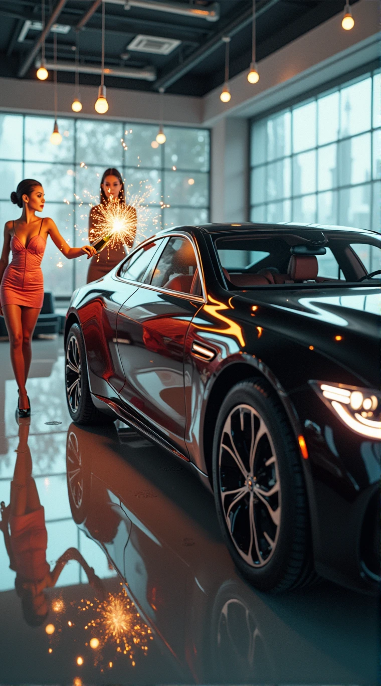 Car Photography、Popping champagne in a self-driving luxury car。The luxury car fills the screen.、３The stage is reflected on the screen。2 Sexy Beautiful Secretaries。
