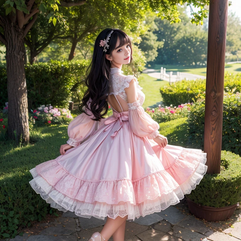 Side view,side angle, Bow tie at the back of the waist, There is a bow on the back,Sideways photo, Skirt length to calf, cupcake dress, Layered skirt with lace on each layer, Put on a lolita dress, layered dress, Pink Lolita dress, lots of lace, Long sleeve, Wide sleeves, Big Skirt, Layered lace skirt, Lace skirt,Puff sleeves, Wide sleeves, Transparent sleeves, intricate details showcase the ruffles and intricate designs of the Lolita dress, Wearing a lolita dress, in a sea of flowers, best quality, Delicate face,beautiful visual work, lifelike, eternity, black hair, Long curly hair, blunt bangs, Smile, Detailed Background, Delicate face,blush,cold,((masterpiece))、(top quality)、8k、high detail、Super detailed,41 years old,woman, masterpiece、born、Scenes resembling fairy tale illustrations、intricate details和複雜的設計、Beautifully、magic、capricious、 Beautifully、Dream aesthetics、「𝓡𝓸𝓶𝓪𝓷𝓽𝓲𝓬、ethereal、charming、fickle、magic」、realism、Visual effects、FXAA、SSAO、Shader、voiceless、ambient lighting、Tone mapping、High resolution、Ultra high quality、Million pixels、(8K resolution:1.10)、8k、8k以下、8K resolution、high detail、intricate details, (high quality:1.2、masterpiece:1.2、:1.21)、(41 years old,woman:1.21)、(興奮地Smile)、(Surrounded by a dreamy atmosphere、Model diagram,full-body shot,Normal 2 feet,Put your hands behind your back,Breast protrusion visible when wearing clothes, Large Breasts, H cup chest, pink dress, Don't show your fingers, full-body shot, full-body shot,full-body shot,full-body shot,full-body shot,full-body shot,full-body shot,full-body shot,Hands hidden in clothes, Hands hidden in clothes,Hands hidden in clothes,Hands hidden in clothes,Hands hidden in clothes,Hands hidden in clothes,Hands hidden in clothes,Hands hidden in clothes,Hands hidden in clothes, ,Hide your hands in your sleeves ,Hide your hands in your sleeves ,Hide your hands in your sleeves ,Hide your hands in your sleeves ,Hide your hands in your sleeves ,Hide your hands in your sleeves ,Hide your hands in your sleeves ,Hide your hands in your sleeves,skirt length to calf, full body photo,full body view,side view