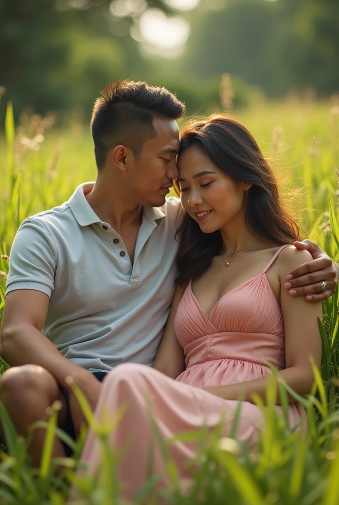 Real Pinay Pinoy couple man and woman man handsome with polo shirt and women beautiful dress sitting in grass man He was lying on the woman's thigh