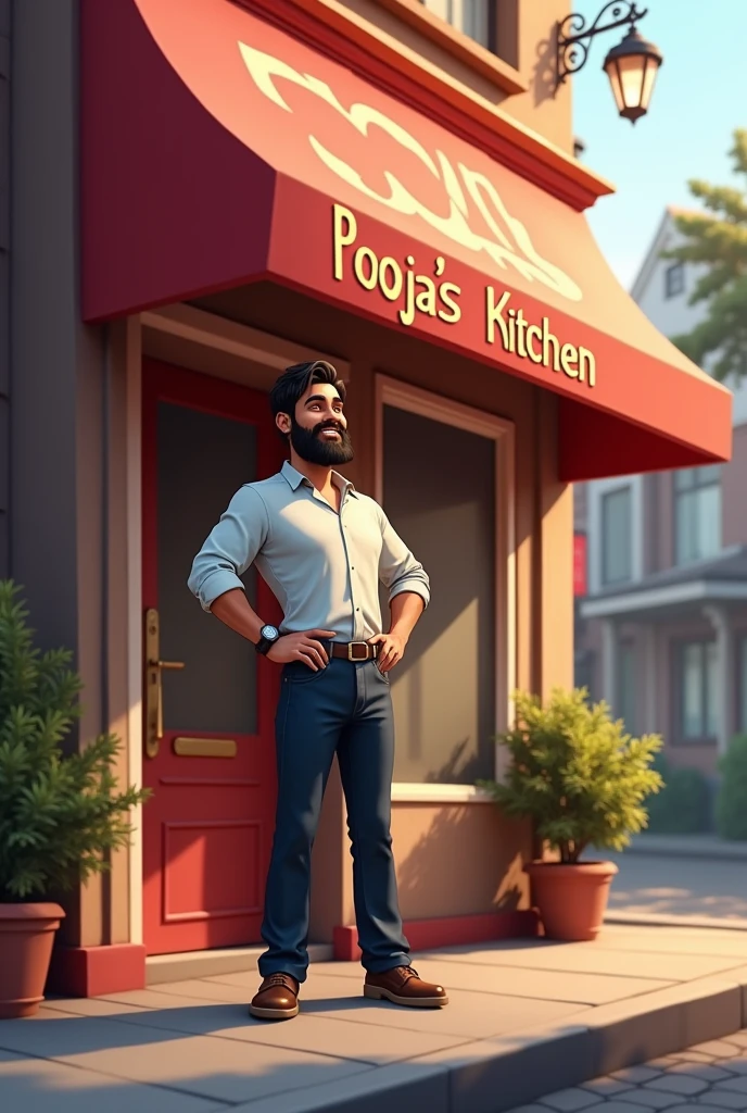 I am the owner of restaurant. And restaurant owner stand near his restaurant. And his restaurant seen clearly and restaurant name pooja's Kitchen