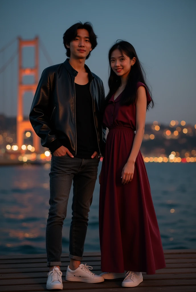 a handsome Korean man with shoulder length hair, wearing a black tank top, leather jacket, long tight jeans and sneakers, standing on a wooden
pier at night, with a beautiful woman with long black hair, wearing a long shirt dress with Peterpan Collar style neckline, long maroon mullet skirt, sneakers, with a beautiful view at night, calm sea water and from a distance the sparkling city lights at night, realistic, cinematic, photographic, Smilling at camera