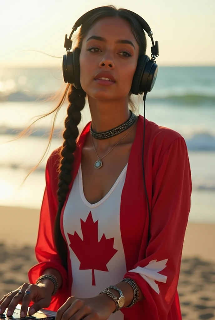 indian female DJ ((beautiful face)) (tanned skin) ((very long one braid darkhair)) ((very huge breasts)) (perfect slim body) ((wears short canadian flag color blouse and long wide transparent1.2 arabic pants)) ((choker, head band, earrings, brazalets)) ((wearing headphones and performing for a live audience as a dj )) ((masterpiece)) (8k) (perfect face) (best quality) (perfect hands) ( in background bright rising light ) (( on a sunny day at the beach ))