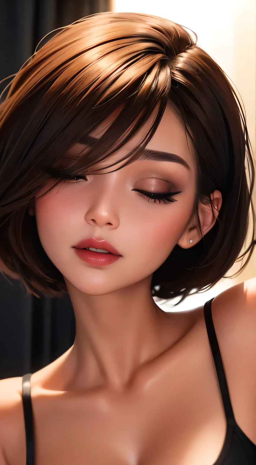Amazing portrait of a sexy woman with short brown hair that is middle parted with lots of makeup during night time with soft lighting showcasing her perfect red lips wearing a loose blue tank top and black short shorts