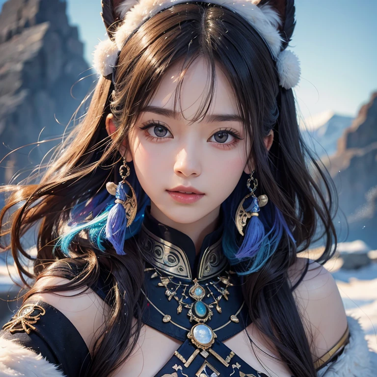 Hiding in the snowy mountains、Hair Flow、 ((Highest quality、masterpiece、8k、Best image quality、Ultra-high resolution、Award-winning works)、(Accurate anatomy:1.1)、(Look at me and smile:1.1)、Shining fair skin with Ultra-high resolution、The most detailed face、Ultra-high resolution detailed face、Ultra-high resolutionの髪の毛、(Ultra-high resolutionの煌めく瞳:1.1)、Beautiful face drawn in every detail、(Blurred Background:1.1)、Ancient Inuit clothing, Chest to chest, tattoo, Old ruins in the background、he'that'big, You have a real hawk on your shoulder..