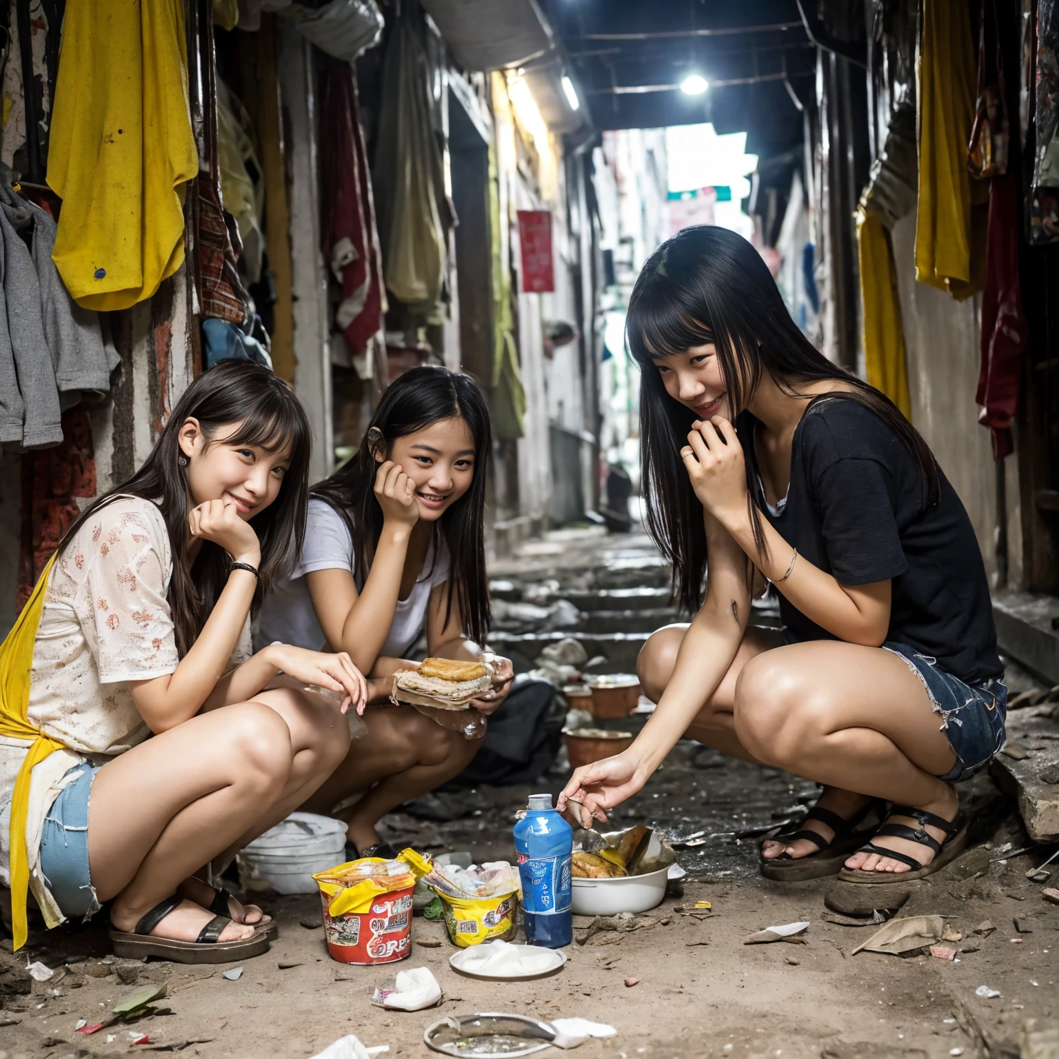 ((masterpiece、Highest quality))、The girls gather、Girl in summer clothes、Dirty and worn-out clothes、屋台のdiet店、(Detailed and cute face:1.3)、(Crumbling underground shopping mall)、Unsanitary and abandoned city、smile、diet、Poor conditions、ruins、stage、sewage、Dirty shop、street vendors、Poor person々、Blame me people