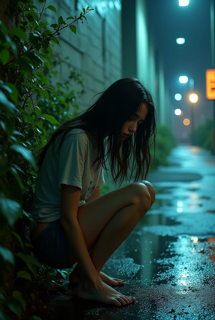 (a drunk teenage girl urgently peeing and pooping behind bushes in a parking lot, realistic, she pulls down her underwear and pants as she squats down, urine drips), hyper detailed, 8k, photorealistic, masterpiece, cinematic lighting, dramatic shadows, vibrant colors, gritty, grungy, moody, dystopian, dark fantasy