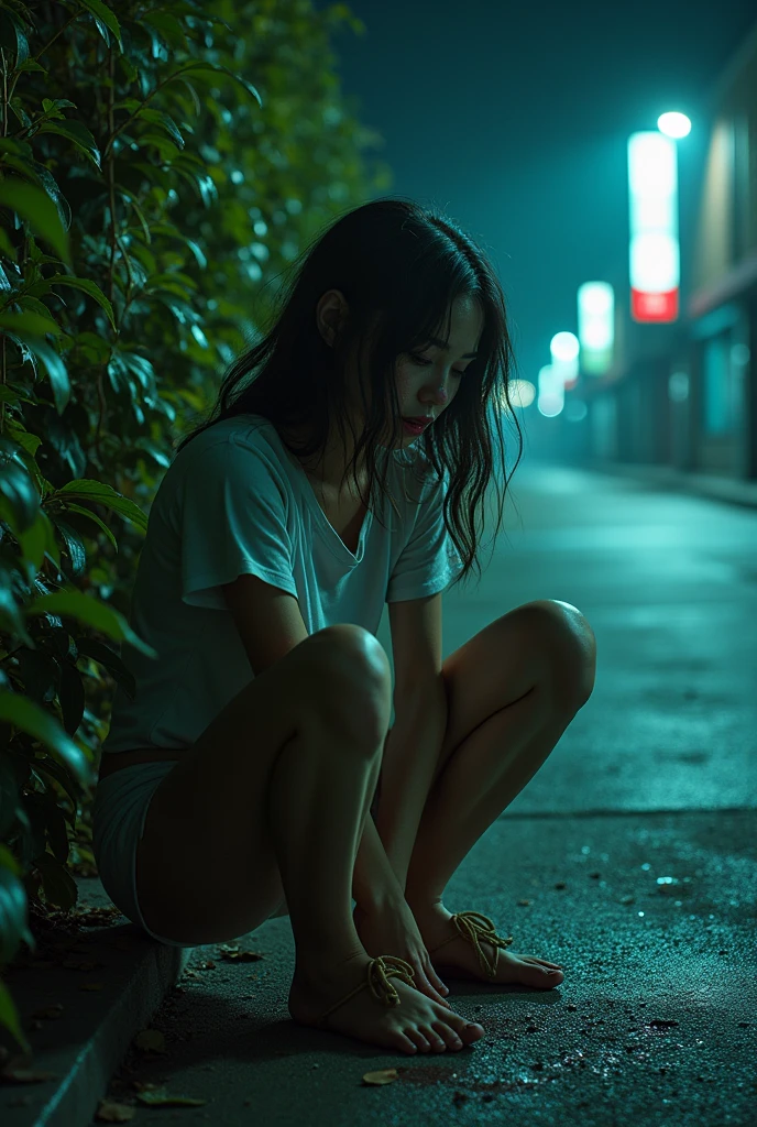 (a drunk  girl urgently peeing and pooping behind bushes in a parking lot, realistic, she pulls down her underwear and pants as she squats down, urine drips), hyper detailed, 8k, photorealistic, masterpiece, cinematic lighting, dramatic shadows, vibrant colors, gritty, grungy, moody, dystopian, dark fantasy