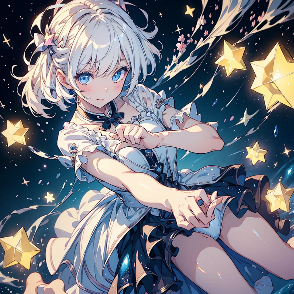 1girl,最高masterpiece、Dynamic composition、(Perfect hands:1.2)、(Perfect Anatomy:1.2)、(Highest quality:1.3)、(masterpiece:1.3)、(Super detailed:0.8)、High resolution、HDR、CG Unity 8k、Nice hands、ass pov、Highest quality、Highest quality、Delicate expressiveness、About 、White Hair、smile、river、流れstar、流star群、star、night、(((Composition from above))),Diamond dust、kawaii tech、