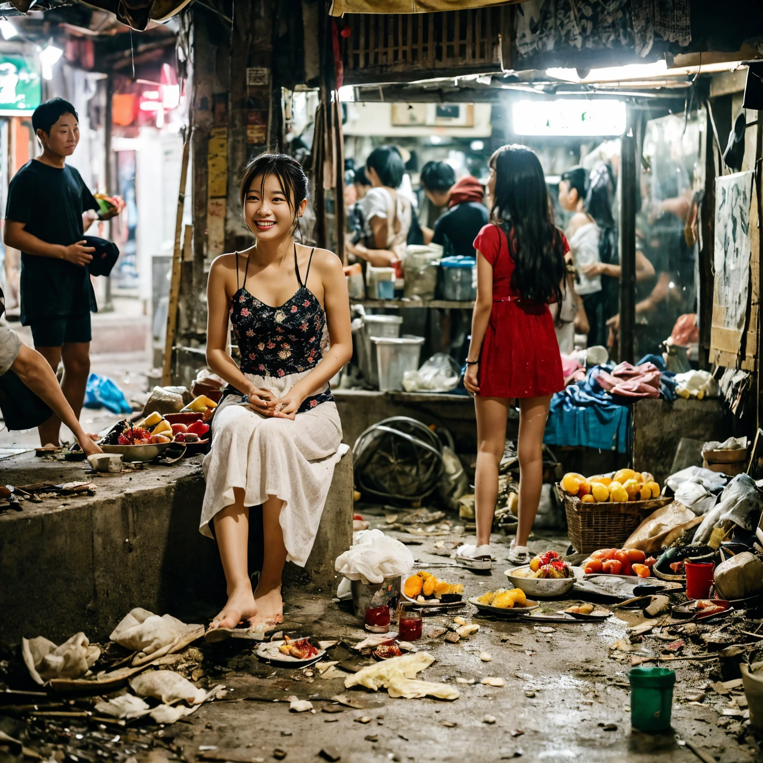 ((masterpiece、Highest quality))、Beautiful girls gather.、Girl in summer clothes、(Poor conditions、Dim and unsanitary、Crumbling underground shopping mall)、非常stage、みんなで楽しくdiet、屋台のdiet店、(Detailed and cute face:1.3)、stage、sewage、Dirty shop、street vendors、Unsanitary and abandoned city、smile、diet、Poor person々