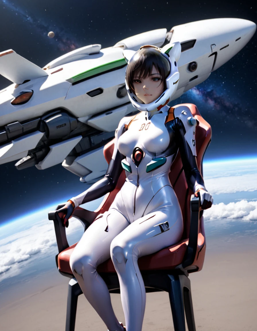( short hair, street, emo, BLACK hair, white eyes, eyeliner, apocalypse, girl, nside the (cockpit) of a (futuristic spaceship:1.6), , blush,sitting on a chair, covered navel, space helmet, muvluv, eva helm, plugsuit , evangelion, helmet, eva helm,plugsuit, WHITE bodysuit,evangelion,WHITE helmet, space helmeT, cat ears, GIRL, short hair, ,, SPACE SMILE,