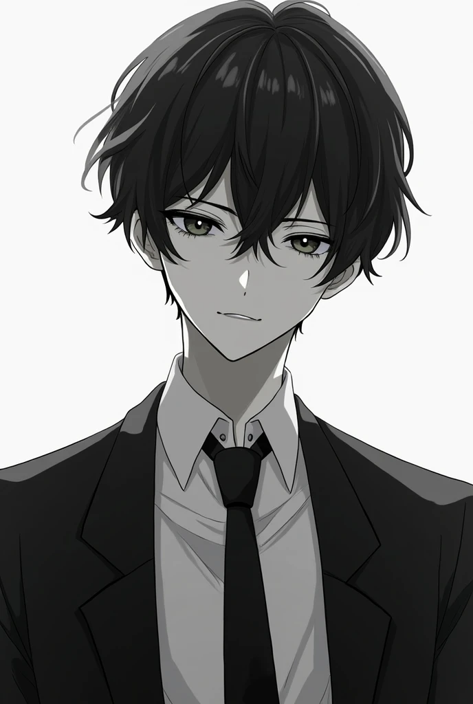 black and white photo containing an anime boy in a white shirt with a tie and black jacket, cool pose, sad face