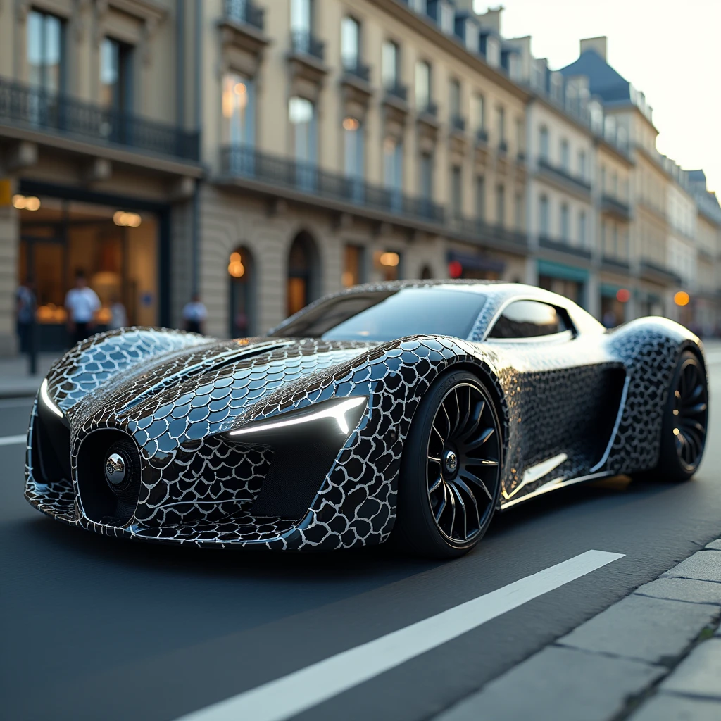 Une voiture inspirée d'un dragon, carenage comme des ecaille de dragon tres solide et tres puissant, gante à rayon tres fines argenté, pneu en gomme avec un rayure d'ecaille de serpent, couleur noir et blanc, sur la route de paris
