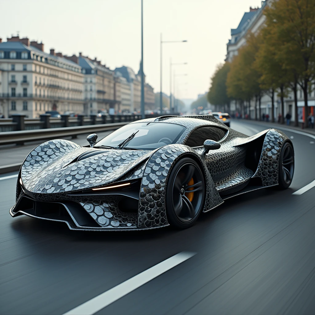 Une voiture inspirée d'un dragon, carenage comme des ecaille de dragon tres solide et tres puissant, gante à rayon tres fines argenté, pneu en gomme avec un rayure d'ecaille de serpent, couleur noir et blanc, sur la route de paris