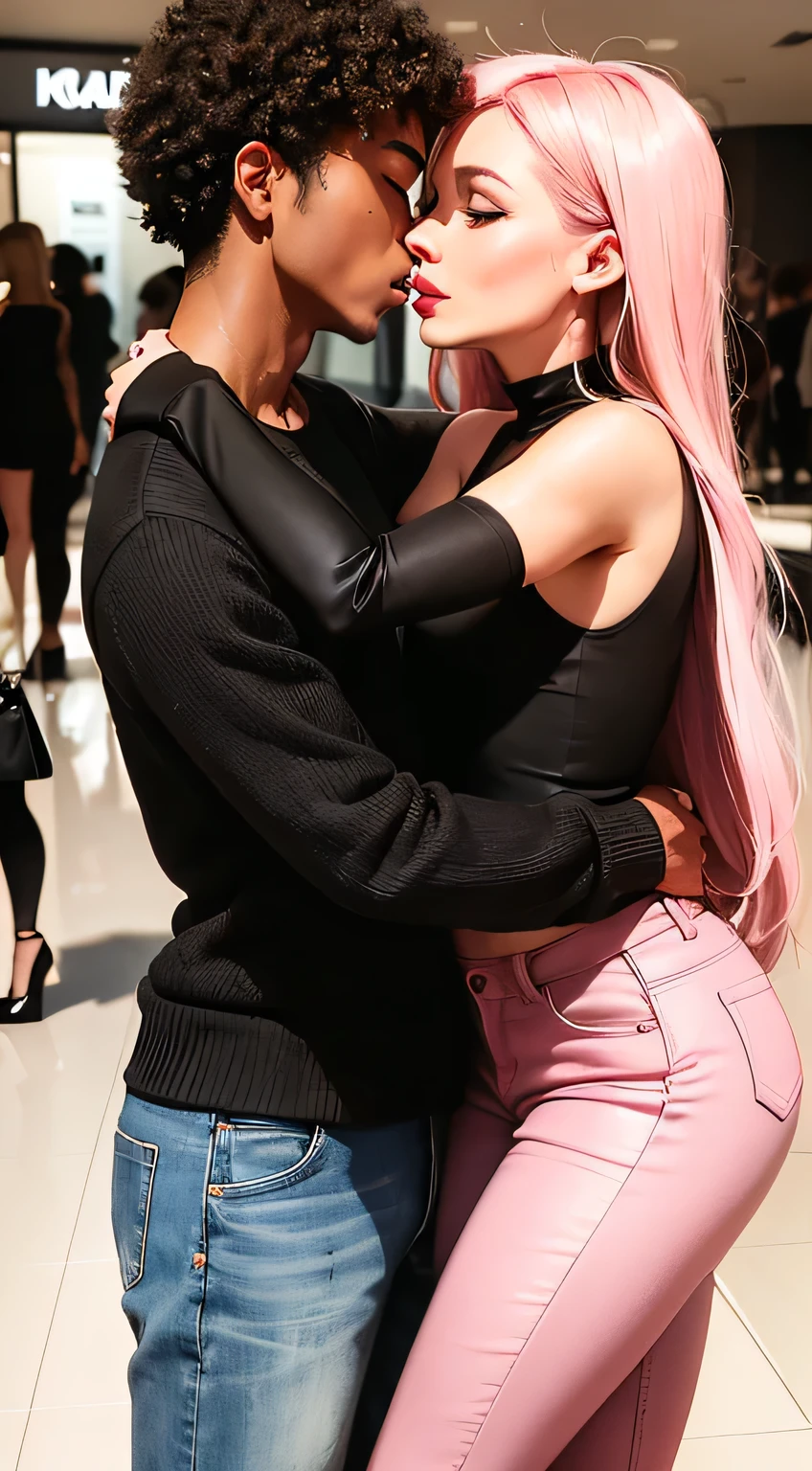 Amazing portrait of a man wearing pink long sleeved sweater and jeans kissing a sexy woman wearing a black tank top and leopard print shrug and black baggy pants in the mall with soft lighting showcasing their amazing bodies tangled together with love and lust