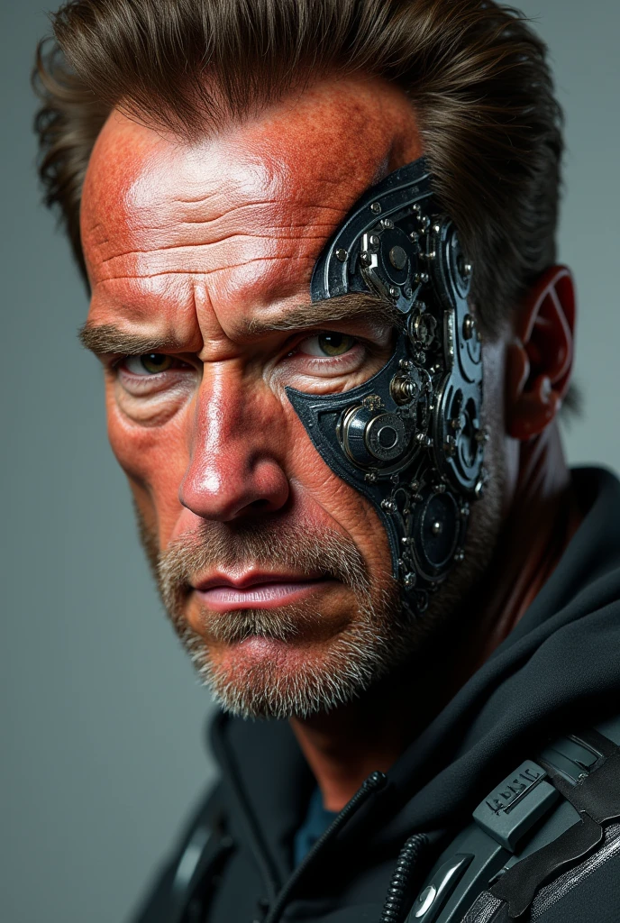 (masterpiece, best quality), Arnold Schwarzenegger (The Expendables movie),  1 man, epic (photo, studio lighting, hard light, sony a7, 50 mm, matte skin, pores, colors, hyperdetailed, hyperrealistic), ultrasharp, half face cyborg, 8k ultra hd, detailed, cramps, aggressive 