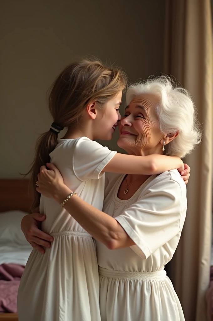The 10 year old child woke up and hugged the old mother in a white dress tightly.. Mother's face was full of gratitude. bedroom background, realistic, full body, wide side, 4k
