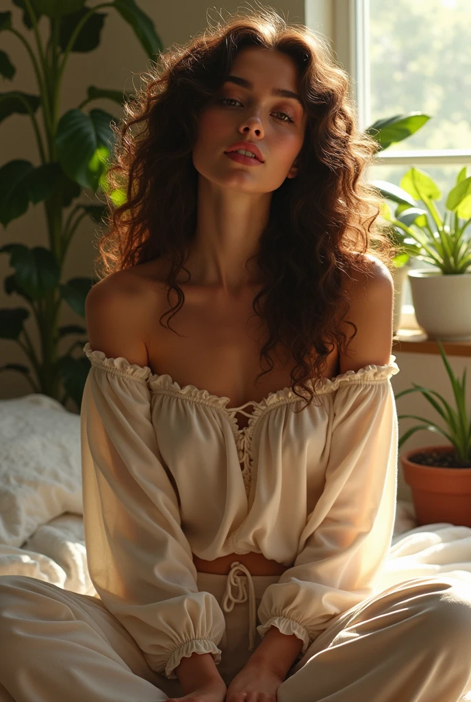 (photorealism:1.2), beautiful woman, sitting on bed, wearing loose off-shoulder top, pajama pants, long curly hair, indoors, soft lighting, plants in background, window with sunlight, cozy room, relaxed pose, realistic, intricate details, warm colors, by Greg Rutkowski, by Alphonse Mucha