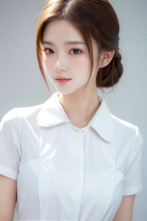 (Tabletop、highest quality、32k、Award-winning works、Ultra-high resolution)、(One beautiful nurse:1.1)、(The perfect white nurse uniform:1.1),Chignon,Shiny, beautiful hair,Accurate anatomy,(Strongly blurred white background:1.1),(very bright white lighting:1.1)、(Close-up of face:1.3),Perfect beautiful makeup,Spectacular Cinema Lighting、Tyndall effect,(standing elegantly:1.1),(Shining white skin:1.1)、Shiny beautiful skin、Radiant Skin,滑らかで汚れの無い美しい肌の顔,顔は滑らかな白い色,