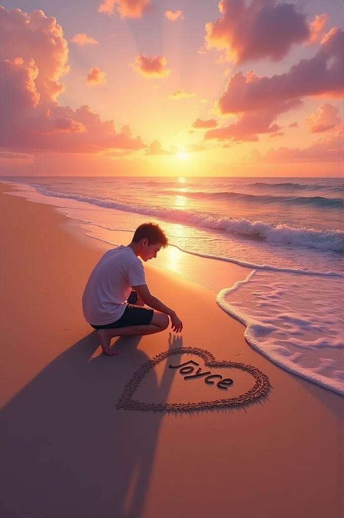 Imagine-toi sur une plage isolée au coucher du soleil. The fine, golden sand stretches as far as the eye can see, et les vagues douces viennent lécher le rivage dans un murmure apaisant. Tu te penches et, With your finger, You draw a perfect heart on the sand still warm from the sunny day. Inside this heart, tu écris soigneusement le nom "Joyce Royale". The air is fresh and salty, And the sky is adorned with pink and orange hues, Creating a magical and serene atmosphere. You straighten up and contemplate your work, Feeling a wave of happiness and serenity wash over you, tandis que les derniers rayons de soleil illuminent doucement les lettres tracées sur le sable.