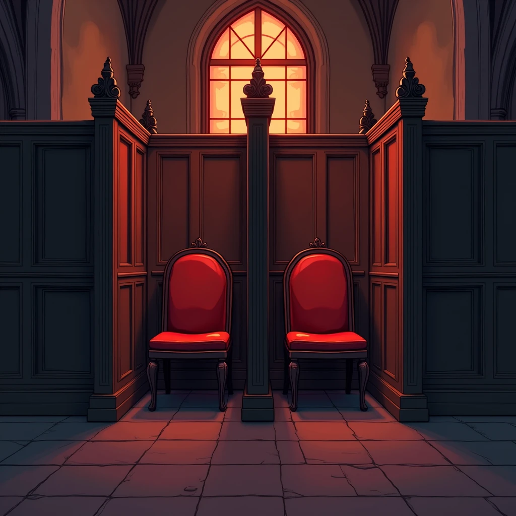 An illustration of a confession booth in a church. The scene includes two empty seats, "
        "one on each side of a partition, which separates the seats. The booth is inside a dimly lit, "
        "reverent church setting with religious symbols subtly visible. The style should be similar to a comic book or animated drawing."
Ajote une cloison entre les deux chaise 
Les deux chaise doivent etre dans un espace separe, deux piece disctinc et ajoute des couleur vive comme le rouge dans la piece 
