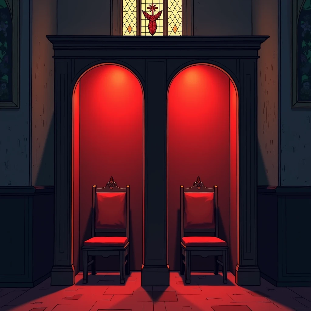 An illustration of a confession booth in a church. The scene includes two empty seats, "
"one on each side of a partition, which separates the seats. The booth is inside a dimly lit, "
"reverent church setting with religious symbols subtly visible. The style should be similar to a comic book or animated drawing."
Ajote une cloison entre les deux chaise
Les deux chaise doivent etre dans un espace separe, deux piece disctinc et ajoute des couleur vive comme le rouge dans la piece