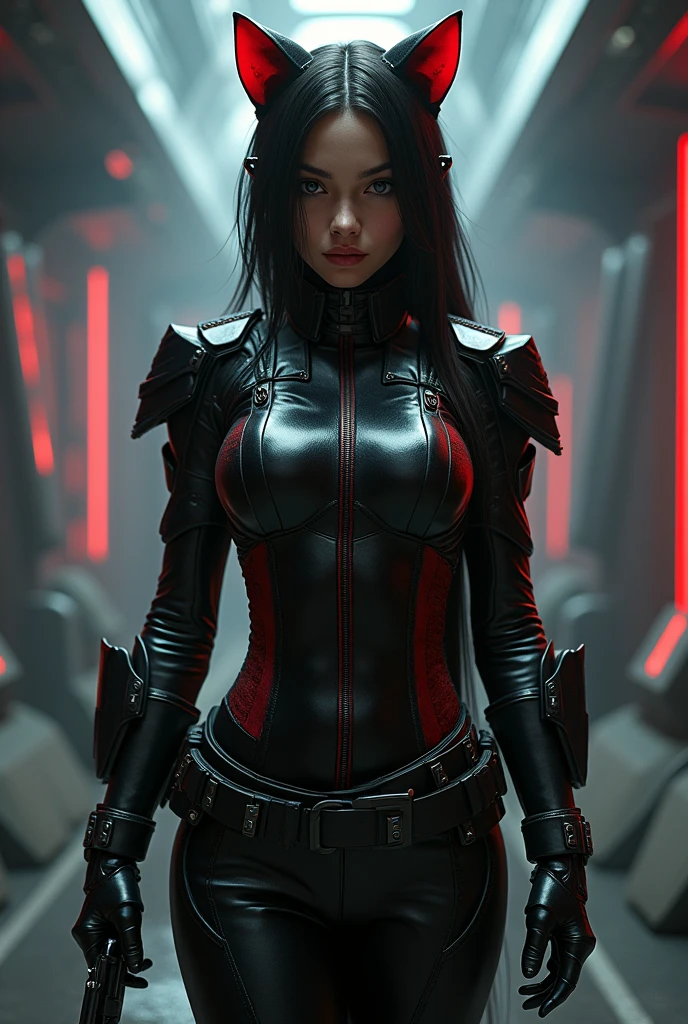 Catgirl  warrior in a black-red latex officer's uniform