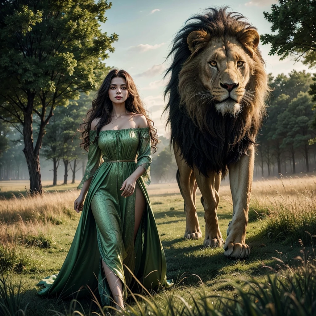 a beautiful young queen walking through a lush green meadow at dawn, long flowing dress, long silky curly hair, huge intimidating lion by her side, highly detailed, photorealistic, 8k, masterpiece, dramatic lighting, cinematic composition, fantasy, digital art