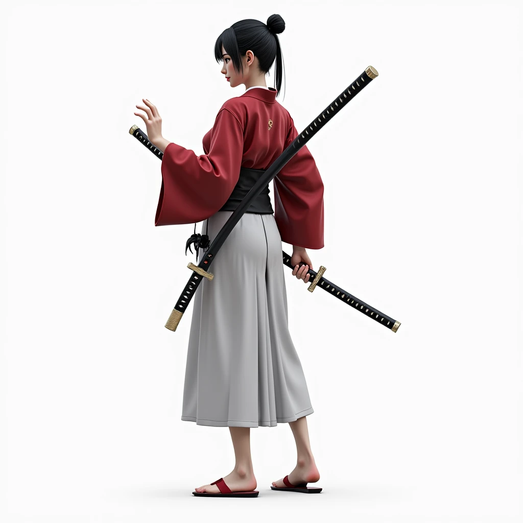 Samurai girl, short black hair tied back, wearing Japanese red kimono and black hakama, two Japanese swords across her waist, ((masterpiece, highest quality, Highest image quality, High resolution, photorealistic, Raw photo, 8K)), ((Extremely detailed CG unified 8k wallpaper)), (huge stunning goddess shot, very hot and sexy, jaw-dropping beauty, perfect proportions, beautiful body, slim body beauty:1.4),