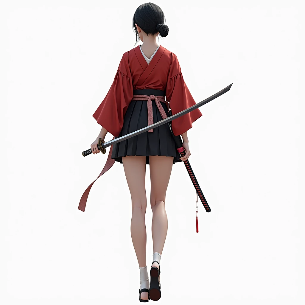 Samurai girl, short black hair tied back, wearing Japanese red kimono and black hakama, two Japanese swords across her waist, ((masterpiece, highest quality, Highest image quality, High resolution, photorealistic, Raw photo, 8K)), ((Extremely detailed CG unified 8k wallpaper)), (huge stunning goddess shot, very hot and sexy, jaw-dropping beauty, perfect proportions, beautiful body, slim body beauty:1.4),
