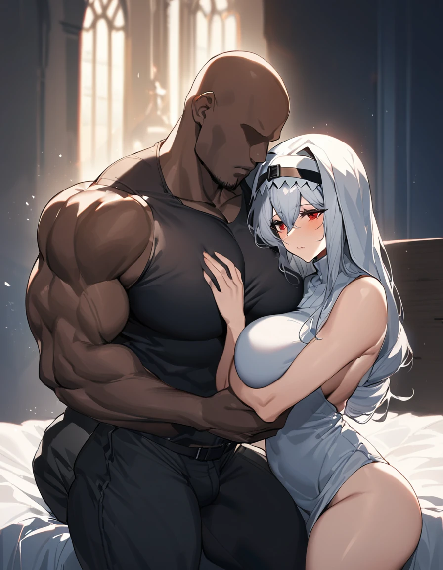 2women hugging 1man, Specter(Arknights), Skadi(Arknights),white hairs,slim bodies, big breast,big thighs, wearing nun outfits, hugging their husband (black man,muscular body, faceless, wearing casual clothes,bald),nsfw, midnight setting,on a bed.