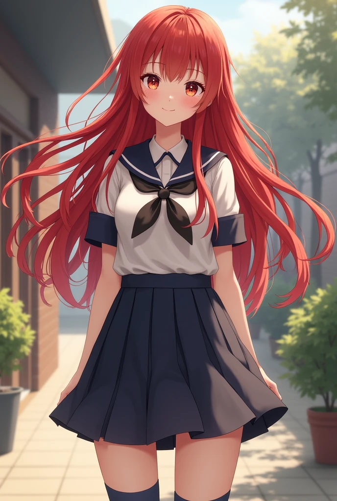 A girl with long, red hair wearing a school uniform