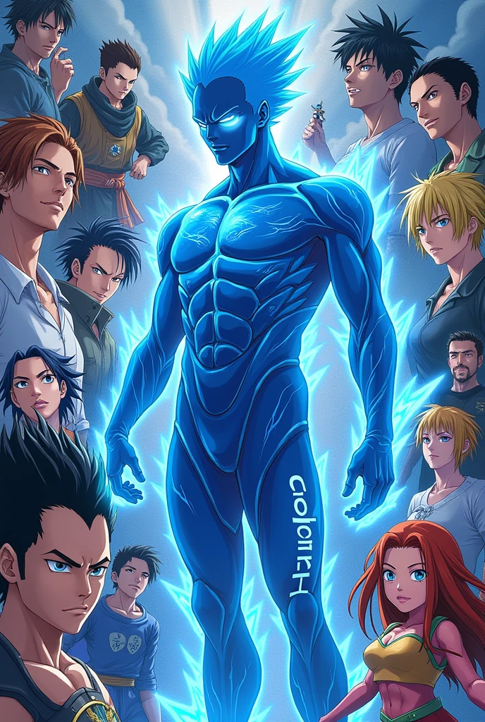 Create an image in blue with the word "hyper" written on one arm, and in the background, various anime characters like Luffy, Goku, Tanjiro, Gojo, etc.